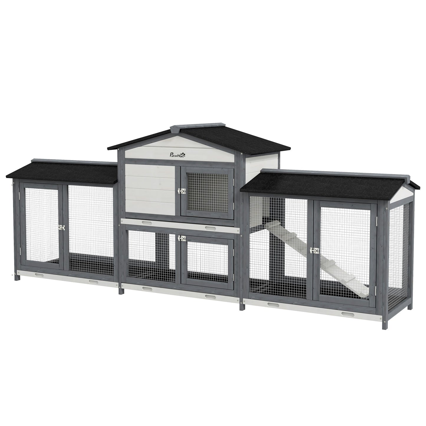 PawHut 2-Tier Large Rabbit Hutch Outdoor with Double Side Run Boxes, No-leak Plastic Tray, Ramp, 230 x 53 x 93.5cm, Light Grey