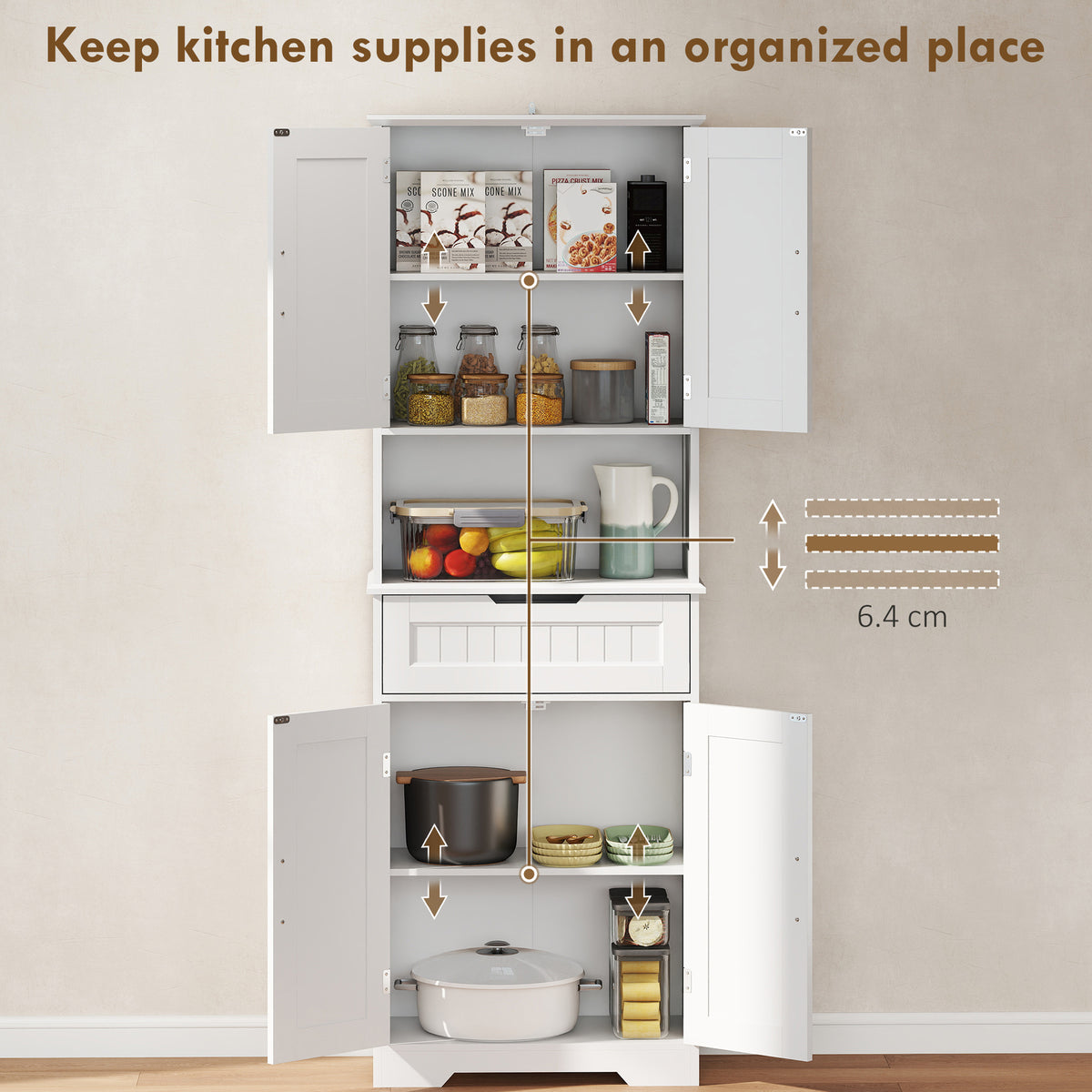 HOMCOM 172 cm Tall Kitchen Pantry Cupboard w/ Small Open Counter, Freestanding Kitchen Cabinet w/ 2 Adjustable Shelves, White