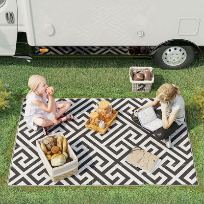 Outsunny 121 x 182 cm(4x6ft) Outdoor Patio Rug Reversible Mat Plastic Straw Rug Portable RV Camping Mat for Garden Deck Picnic Indoor, Black & White