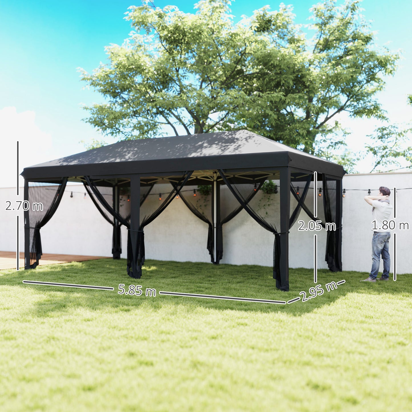 Outsunny 3 x 6m Pop Up Gazebo, zadaszenie zewnętrzne, namiot imprezowy na wesele z 6 ściankami z siatki i torbą transportową, czarny