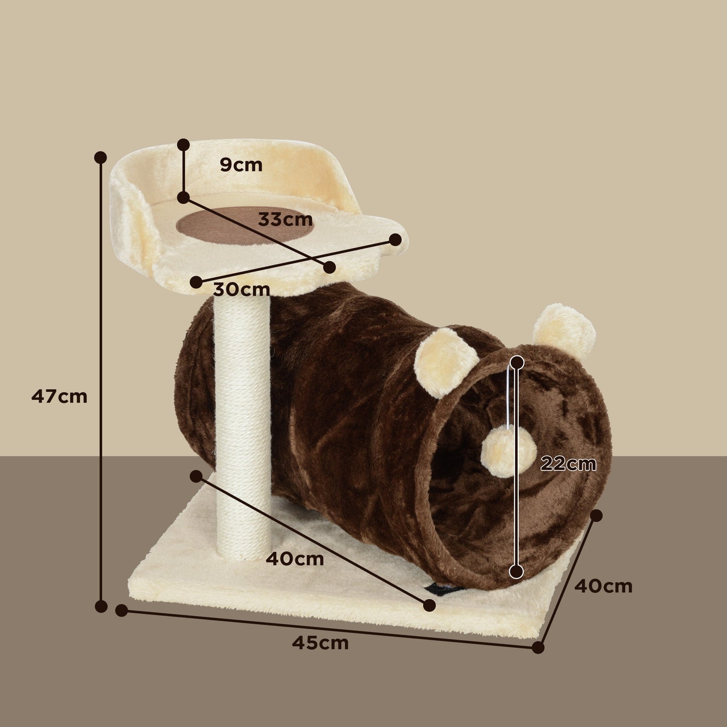 PawHut 47cm Small Cat Tree w/ Scratching Post, Bed, Cat Tunnel, Toy Ball, Dark Brown