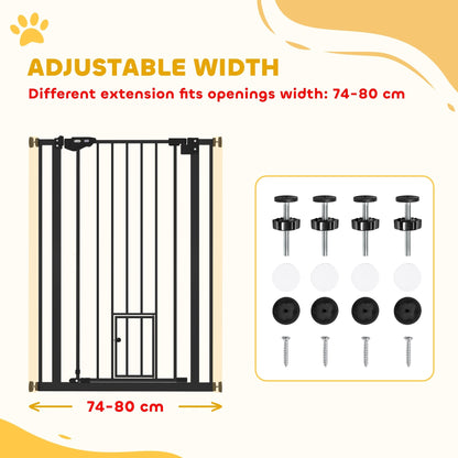 PawHut Extra Tall Pet Gate, Indoor Dog Safety Gate, with Cat Flap, Auto Close, 74-80cm Wide - Black