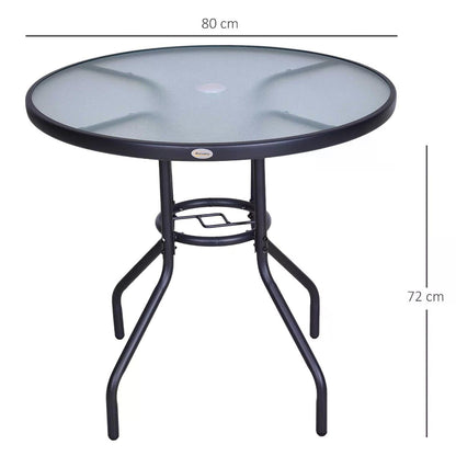 Outsunny Outdoor _80cm Round Dining Table Tempered Glass Top Steel Frame Bistro Coffee End Side Table Garden w/ Parasol Hole