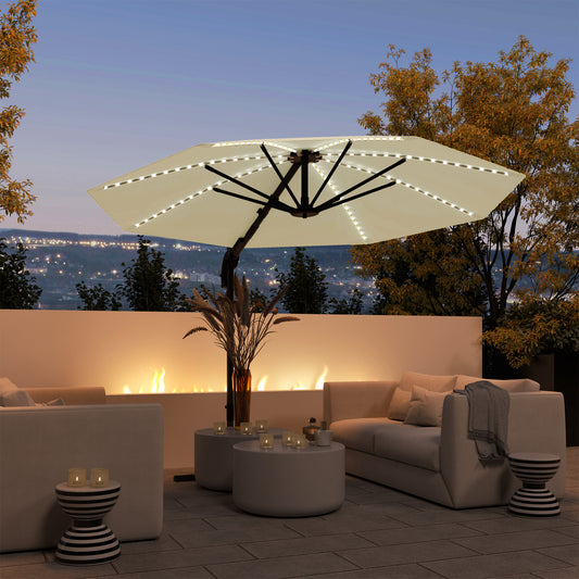 Outsunny 3(m) parasol ogrodowy Cantilever z lampami zasilanymi energią słoneczną, korbką i podstawą krzyżową, UPF 50+, obrót 360√Ç¬∞, kremowy