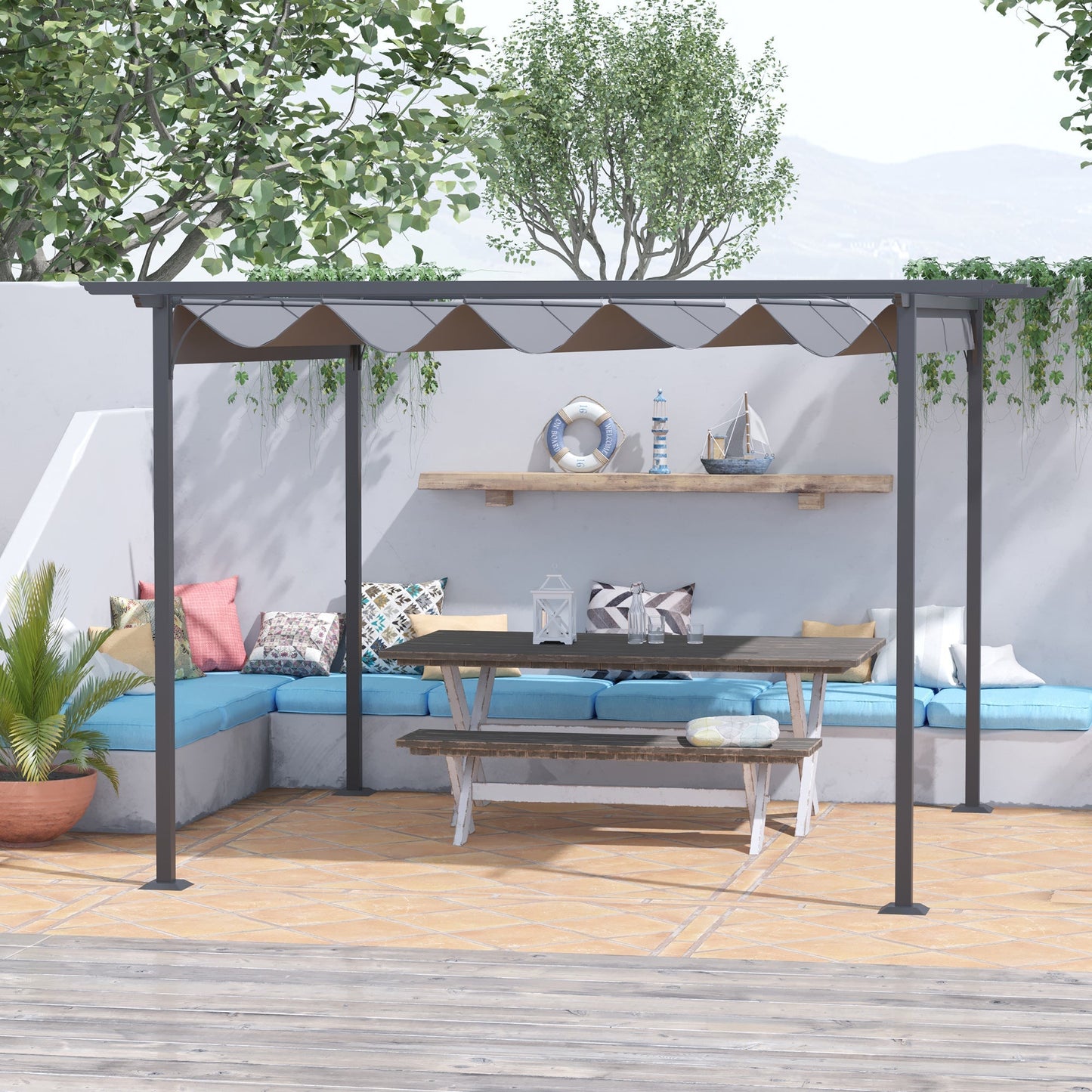 مظلة Outsunny 3.5MX 3.5M معدنية Pergola Gazebo مظلة قابلة للسحب في الهواء الطلق والحديقة ومظلات شمسية ومأوى للحفلات الشواء، رمادي