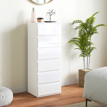 HOMCOM Chest of Drawers High Gloss Finish 6 Drawer Dresser Space Saving Slim Design Handle Free Drawers High-Gloss White
