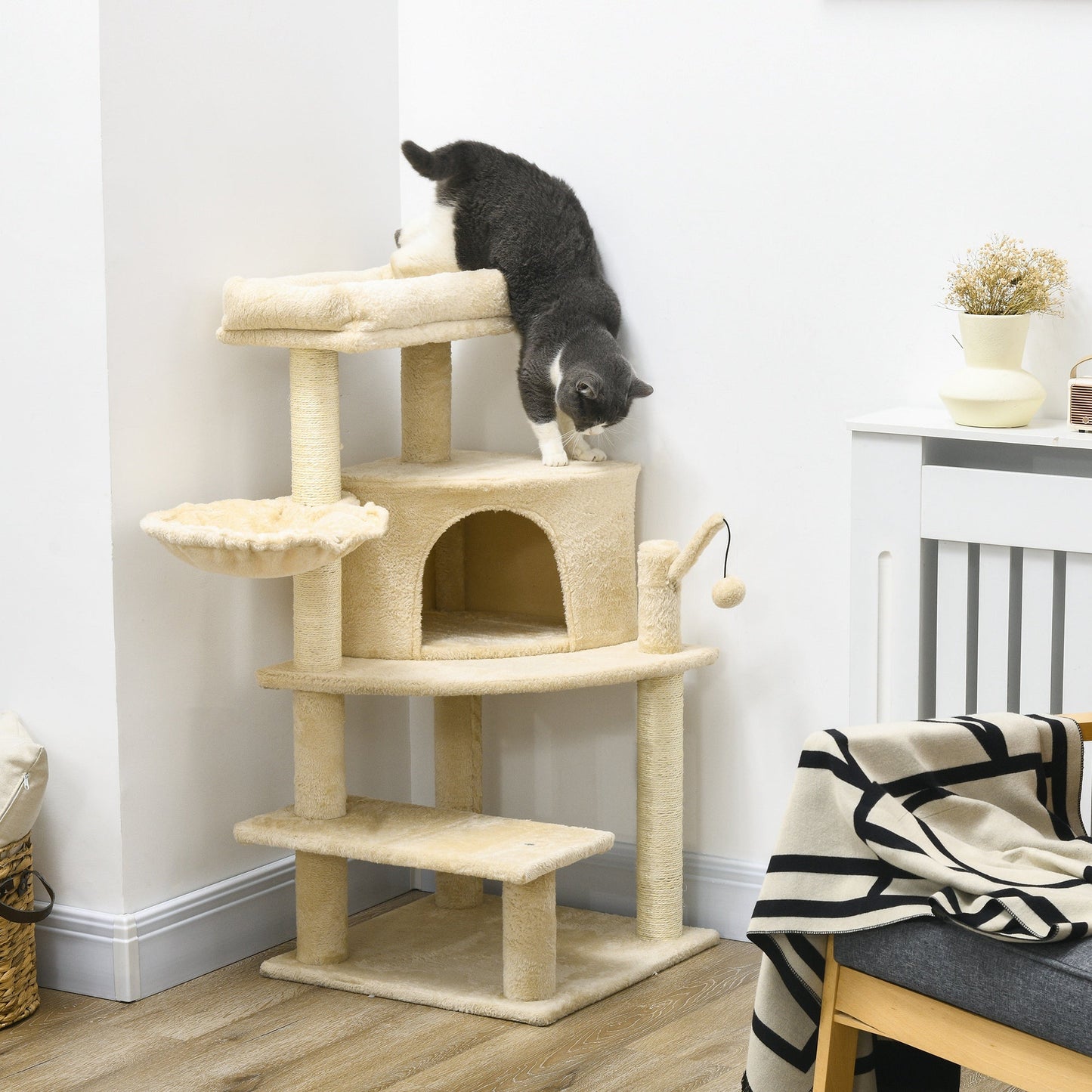 PawHut Sisal 100cm Cat Tree Tower with Sisal Scratching Post Cream White