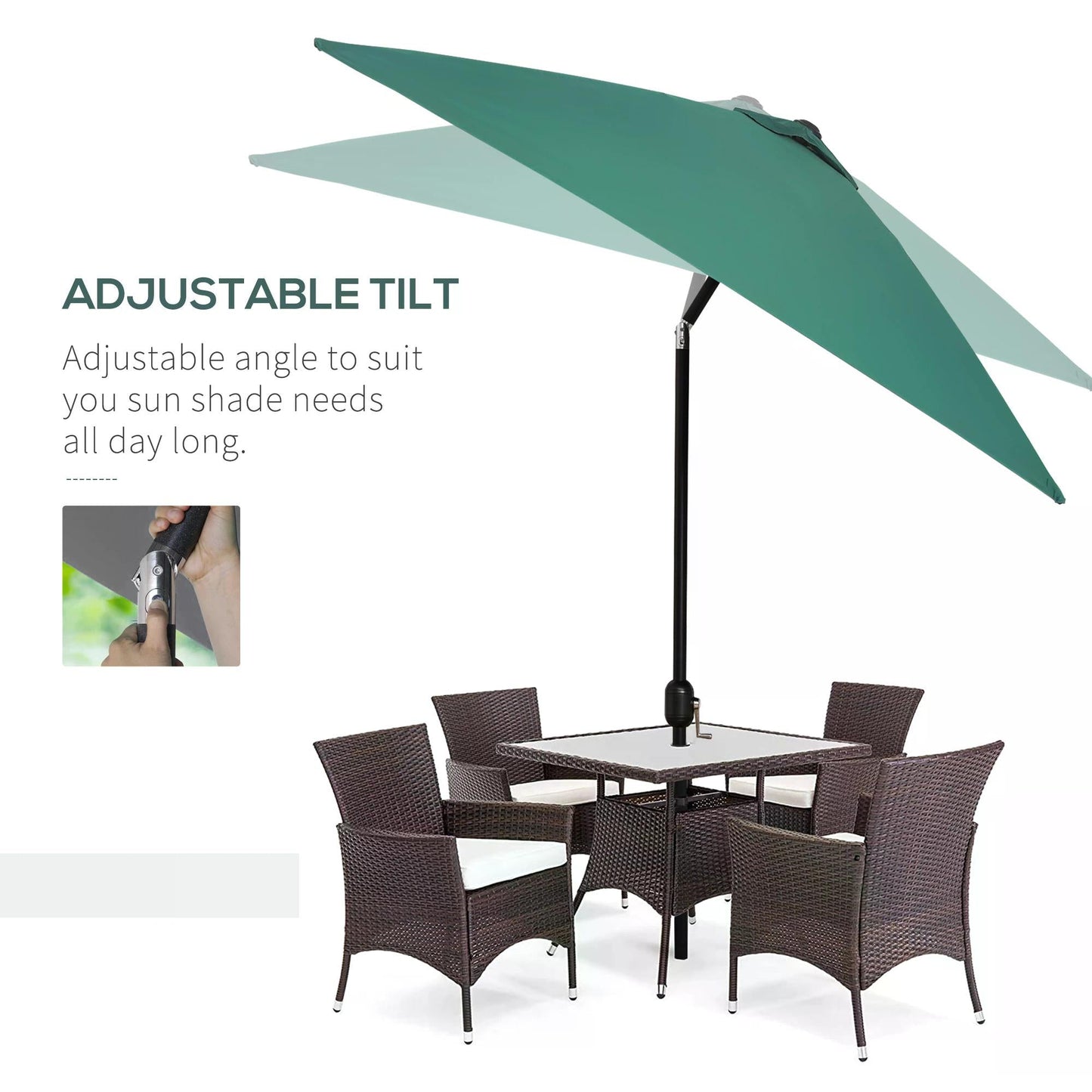 Outsunny 3x2m Garden Parasol Umbrella with Tilt and Crank, Outdoor Sun Shade Canopy with Aluminium Frame and Steel Ribs, Rectangular, Green