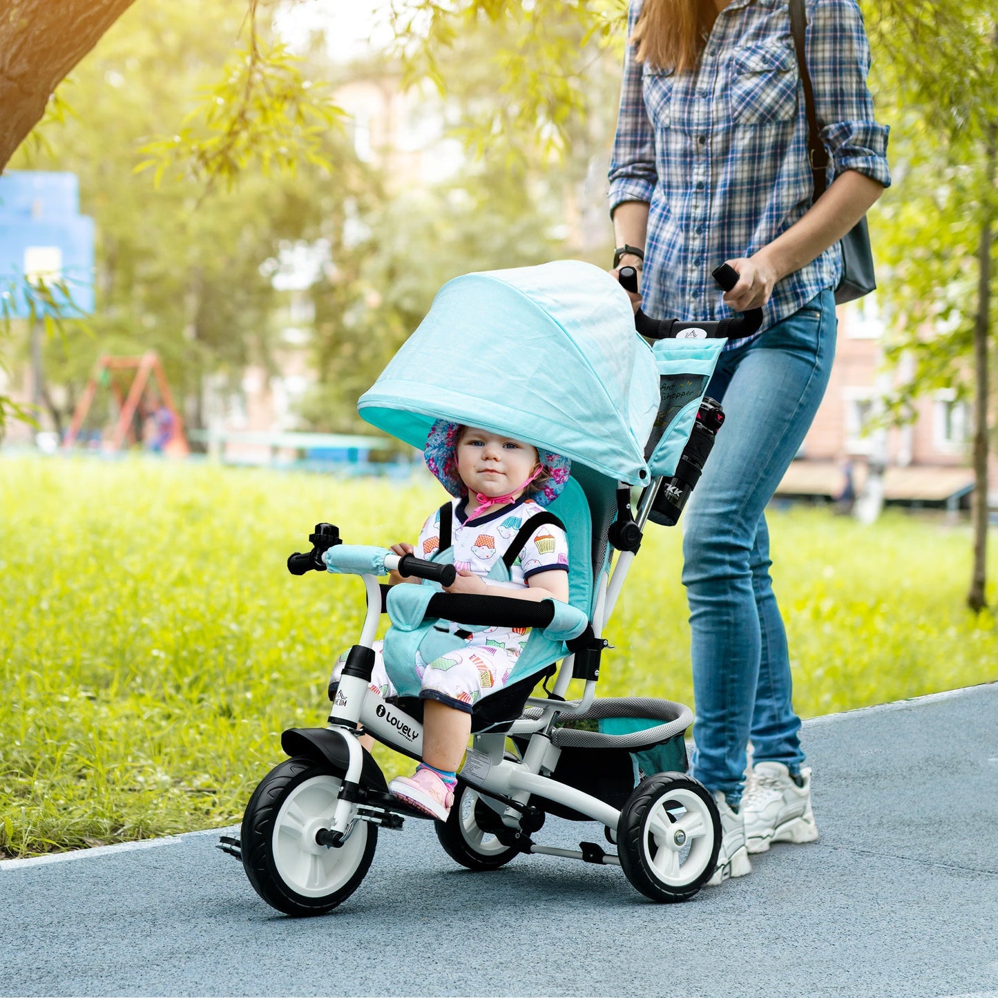 4 in 1 Kids Trike Push Bike w/ Push Handle, Canopy, 5-point Safety Belt, Storage, Footrest, Brake, for 1-5 Years, Green