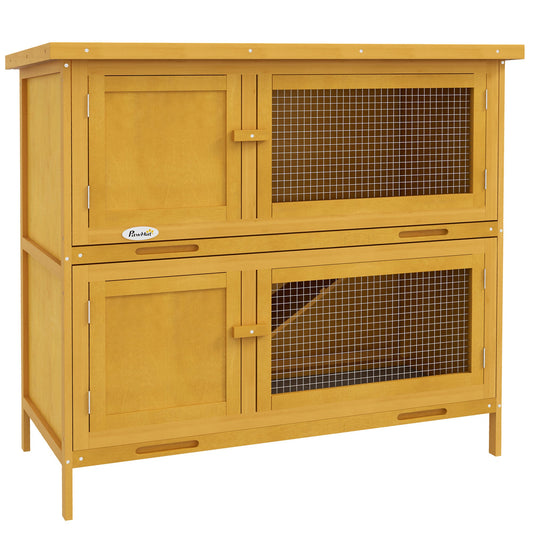 PawHut Double Decker Rabbit Hutch 2 Tier Guinea Pig House Klatka zewnętrzna dla królików z wysuwaną tacką, 97 x 44 x 91 cm, żółta