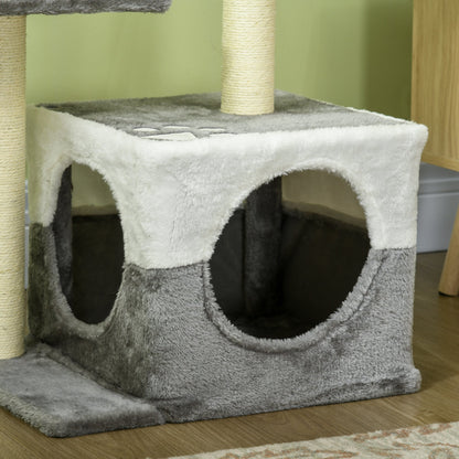 PawHut Cat Tree With Sisal Scratching Posts, House, Perches, Toy Mouse, Grey