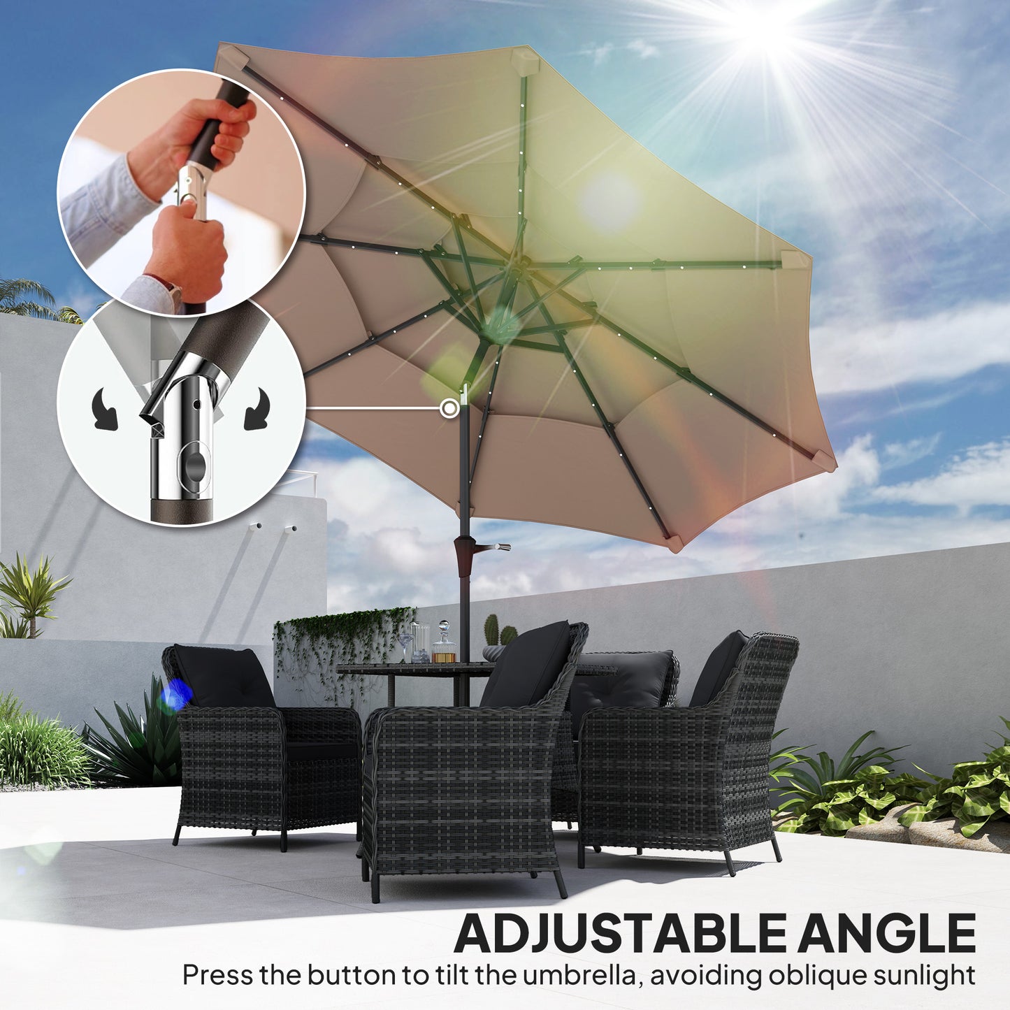 Parasol ogrodowy Outsunny 3-poziomowy z lampami solarnymi LED, UPF 30+, mechanizmem pochylania i korbą, do tarasu targowego, kolor khaki