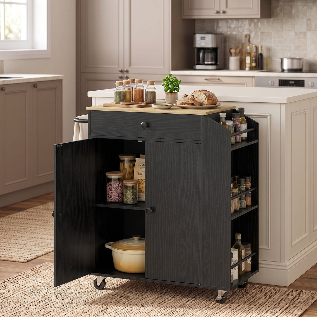 HOMCOM Rolling Kitchen Island with 3-Tier Spice Rack, Kitchen Storage Cart with Drawer and Towel Rack, Black