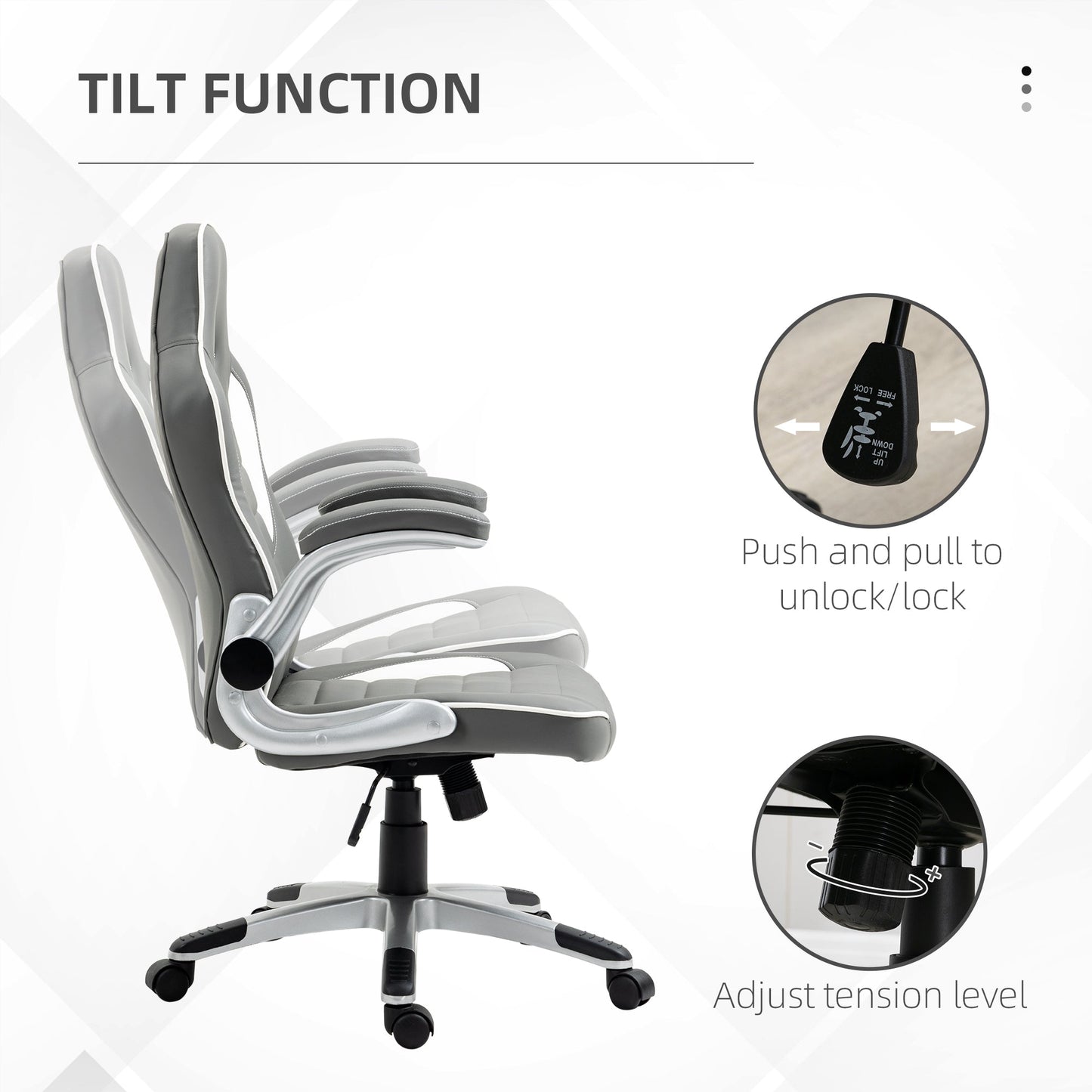 Vinsetto Computer Gaming Chair, Office Desk Swivel Chair, PU Leather Racing Chair with 90  Flip-up Armrest, Adjustable Height and Rolling Wheels, Grey