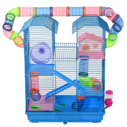 5 Tier Hamster Cage Carrier Habitat with Exercise Wheels Tunnel Tube Water Bottle Dishes House Ladder for Dwarf Mice, Blue