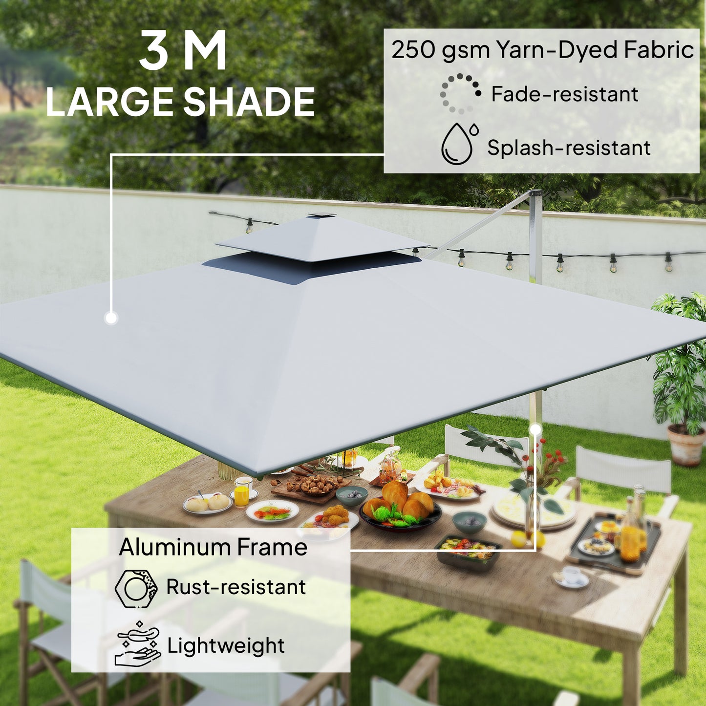 Outsunny 3(m) Parasol ogrodowy z wysięgnikiem i lampami LED zasilanymi energią słoneczną, podstawa krzyżowa, obrót 360√Ç¬∞, korba i pochylenie, szary