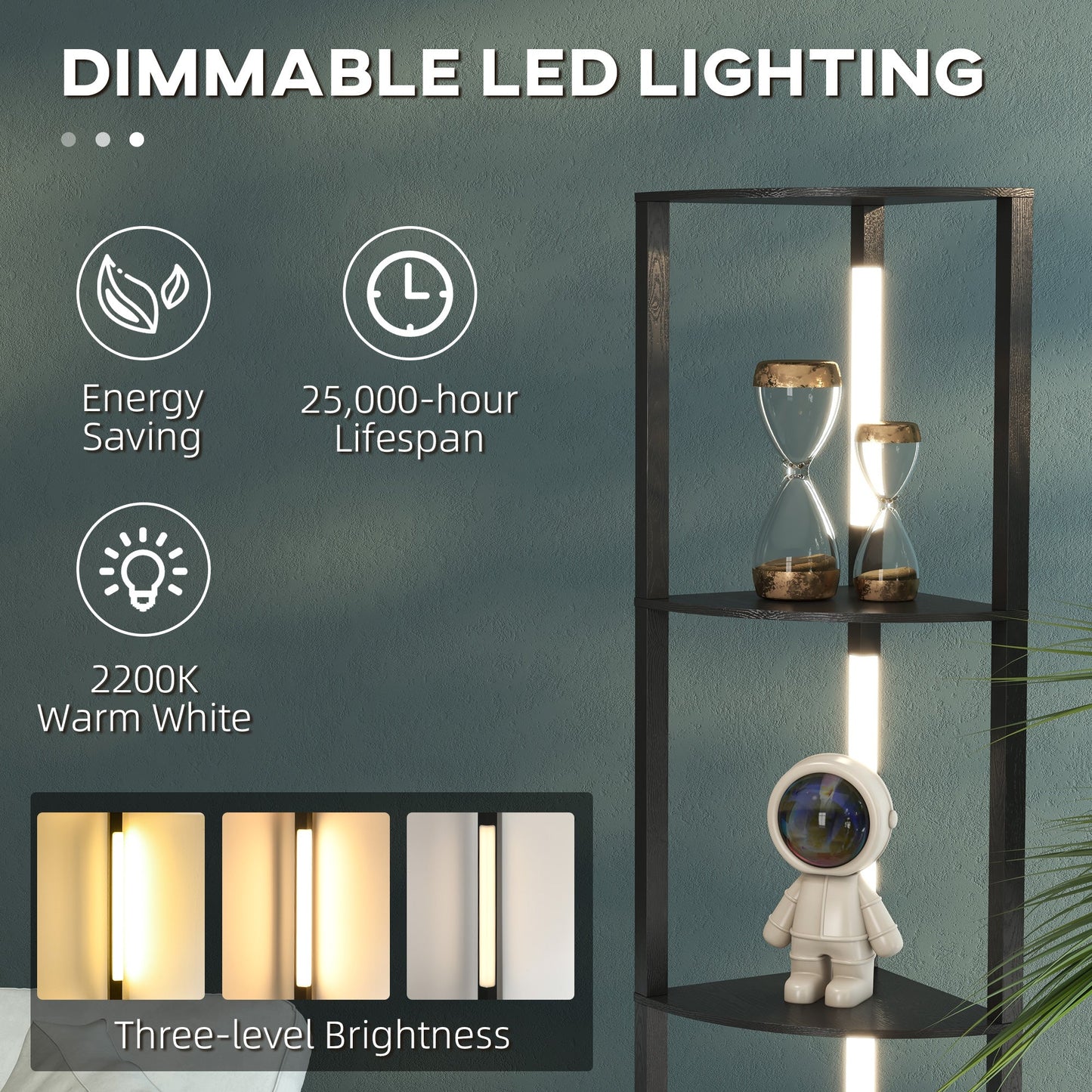 مصباح أرضي زاوية من HOMCOM لغرفة المعيشة وغرفة النوم مع ضوء LED أبيض دافئ قابل للتعتيم، مصباح قائم طويل عصري، أسود