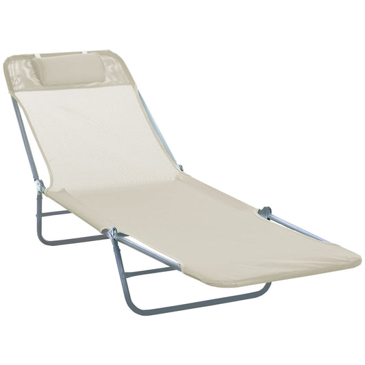 Outsunny Outdoor Foldable Sun Lounger, Adjustable Backrest Garden Recliner Sun Lounger Chair with Headrest Pillow, Beige