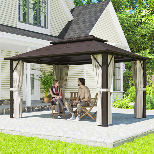 Altana ogrodowa Outsunny 3 x 4 m Hardtop z podwójnym dachem z poliwęglanu UPF30+, aluminiowa rama, stały pawilon z moskitierą i zasłonami na patio, taras, beżowa