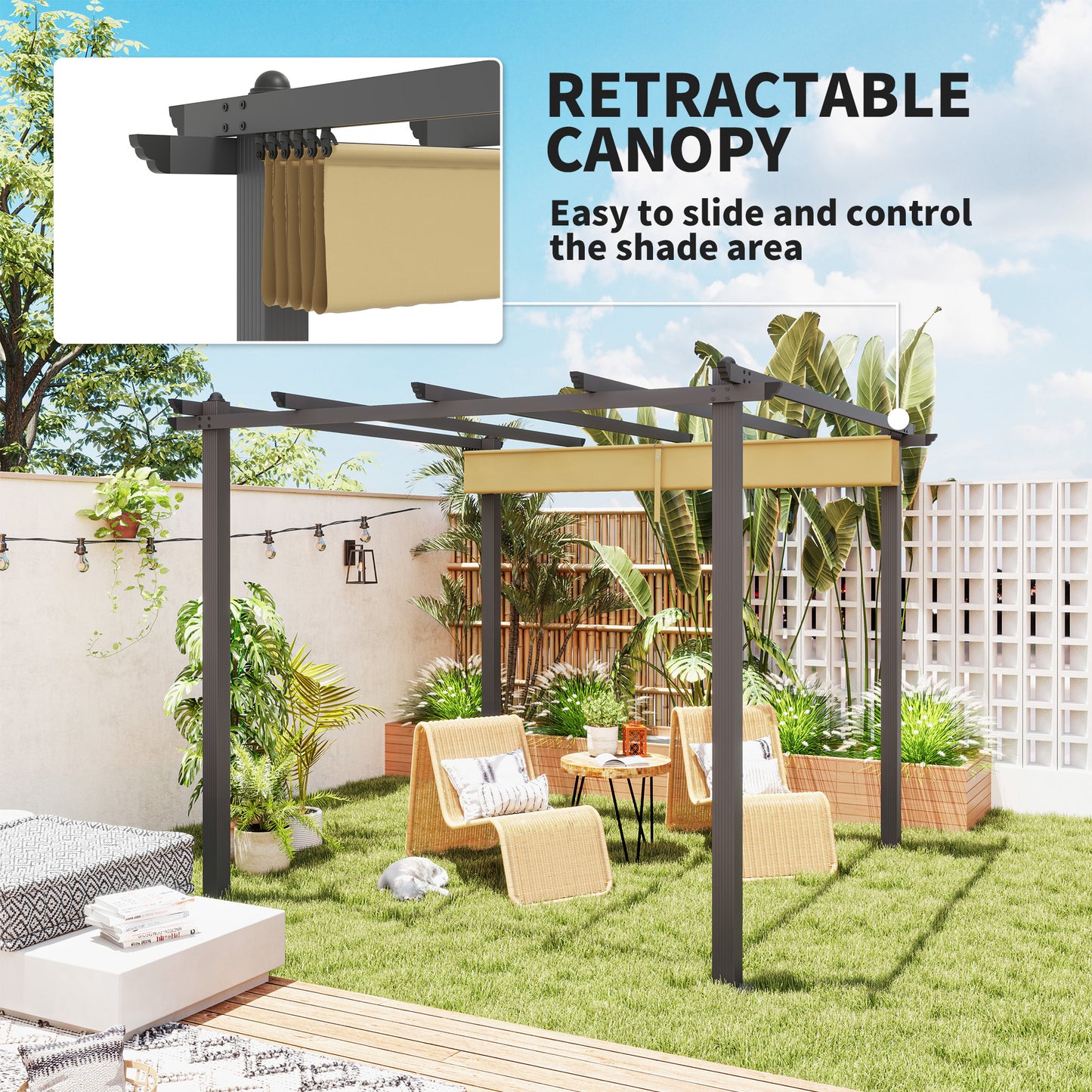 Pergola aluminiowa Outsunny 3 x 3 m z rozsuwanym dachem w kolorze khaki