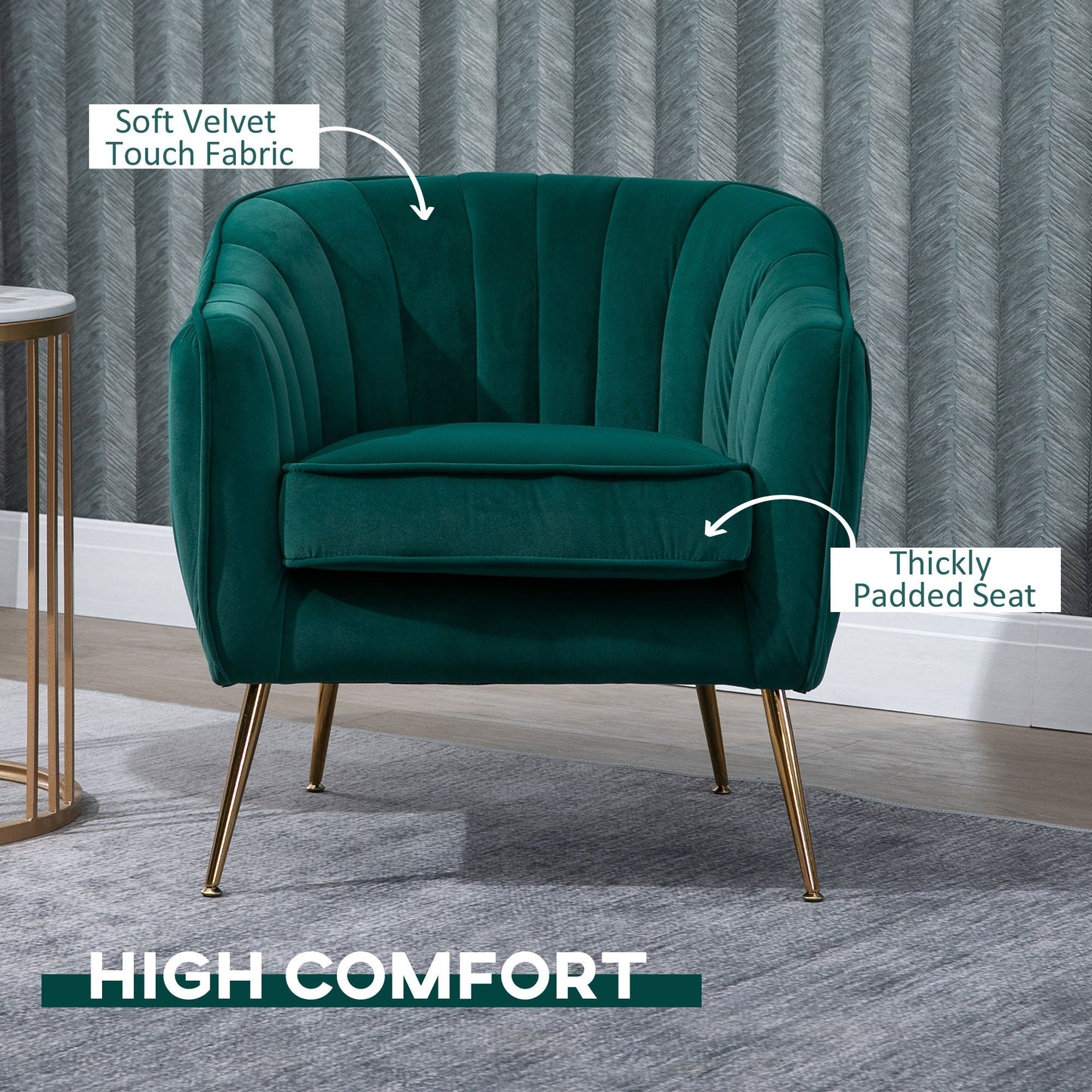 Retro Style Velvet-Feel Tub Armchair, with Gold Tone Legs - Green