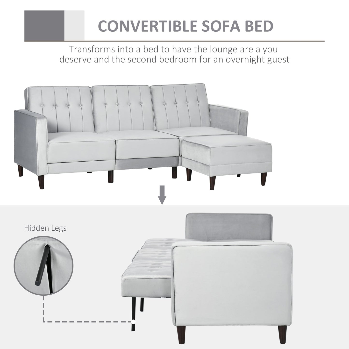 HOMCOM 3 Seater Sofa Bed with Portable Footstool, Light Grey