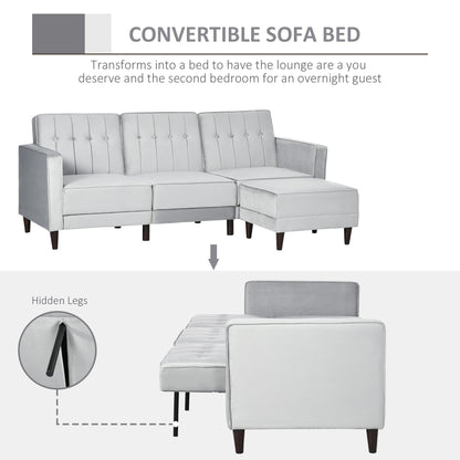 HOMCOM 3 Seater Sofa Bed with Portable Footstool, Light Grey
