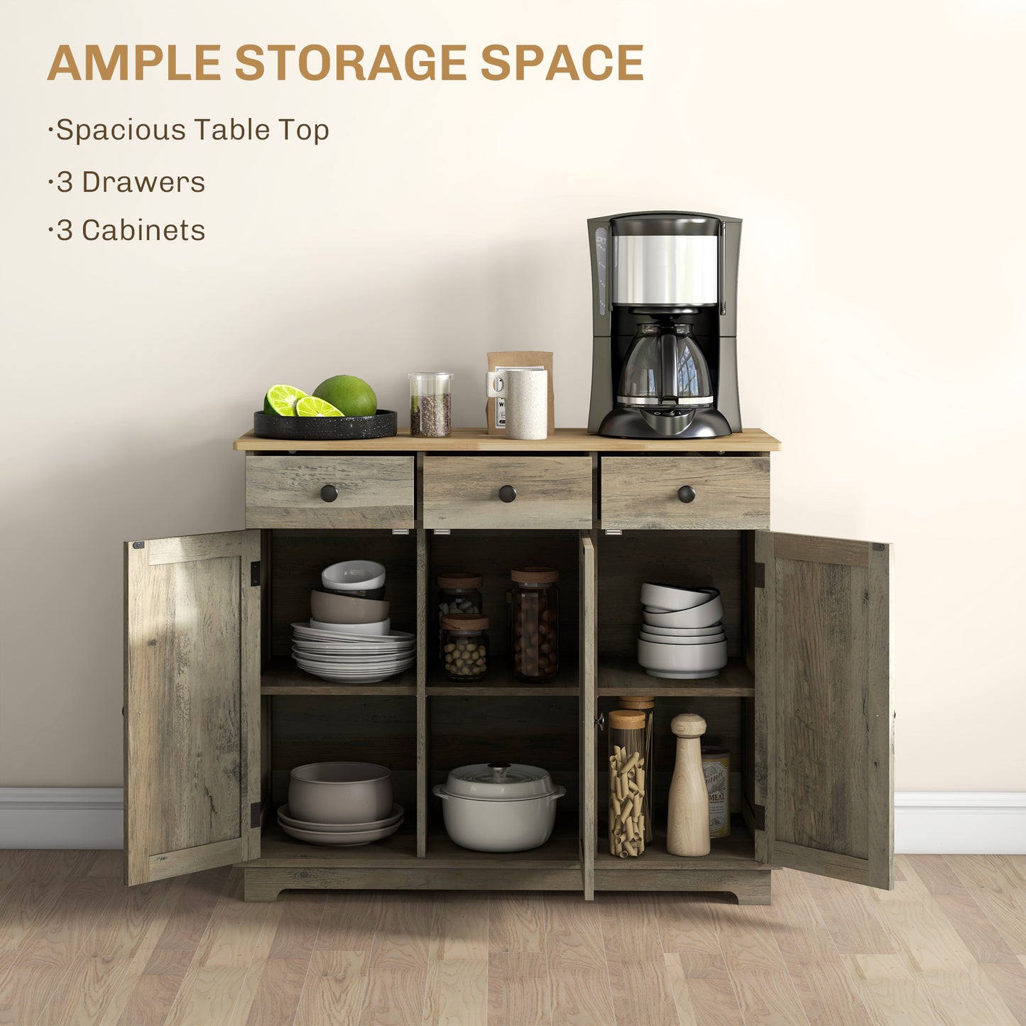 HOMCOM Sideboard with Rubber Wood Top, Modern Storage Cabinet, Kitchen Cupboard with 3 Doors, 3 Drawers and 3 Adjustable Shelves for Dining Room, Living Room, Grey Wood-Effect