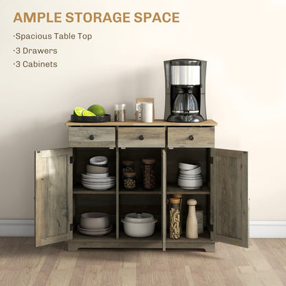 HOMCOM Sideboard with Rubber Wood Top, Modern Storage Cabinet, Kitchen Cupboard with 3 Doors, 3 Drawers and 3 Adjustable Shelves for Dining Room, Living Room, Grey Wood-Effect