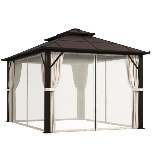 Altana ogrodowa Outsunny 3 x 4 m Hardtop z podwójnym dachem z poliwęglanu UPF30+, aluminiowa rama, stały pawilon z moskitierą i zasłonami na patio, taras, beżowa