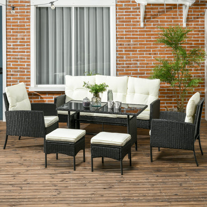 Zestaw mebli ogrodowych Outsunny 5 Seater Rattan, 2 fotele, 3-osobowa sofa wiklinowa, 2 podnóżki i szklany stolik, 6-częściowy zestaw mebli ogrodowych z rattanu z poduszkami do ogrodu zimowego, biały