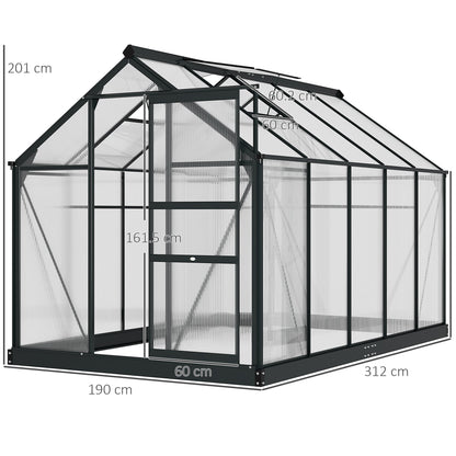 Outsunny 6 x 10ft Poliwęglanowa szklarnia, duża szklarnia z drzwiami przesuwnymi i oknem, domek do uprawy roślin ogrodowych z aluminiową ramą i fundamentem, szara