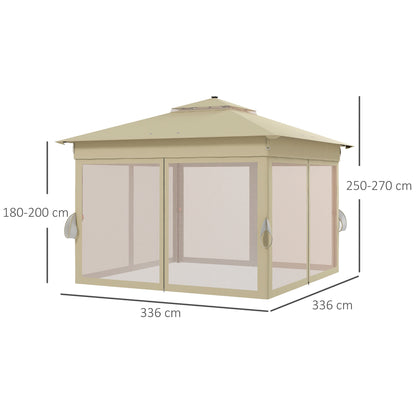 Outsunny 3 x 3(m) Pop Up Gazebo Party Tent with Solar-Powered LED Lights, Adjustable Event Shelter with Netting, Khaki