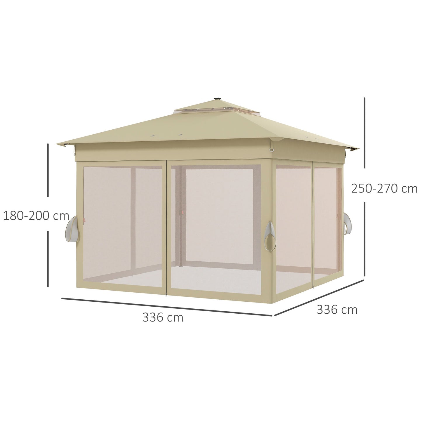 Outsunny 3 x 3(m) Pop Up Gazebo Party Tent z lampami LED zasilanymi energią słoneczną, regulowana osłona na imprezy z siatką, khaki