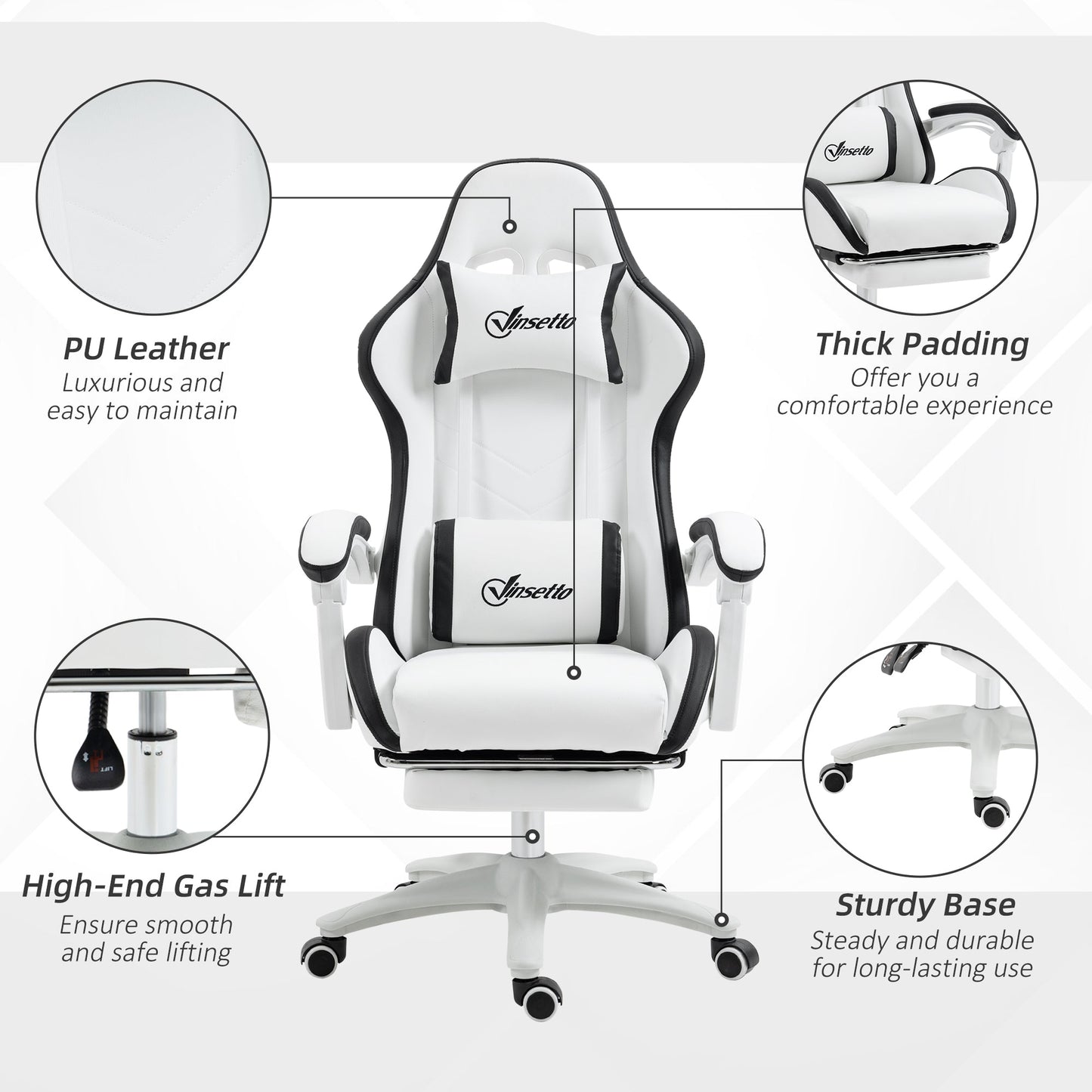 Vinsetto Computer Gaming Chair, PU Leather Desk Chair with Footrest, Swivel Task Chair with 135¡ Reclining Back and Lumbar Support, PC Chair for Adults, White and Black