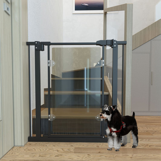 PawHut Pressure Fit Pet Safety Gate, Auto-Close Dog Barrier Stairgate, with Double Locking, Acrylic Panel, for Doors, Hallways, Staircases, Openings 74-80 cm, Black Barrier, w/