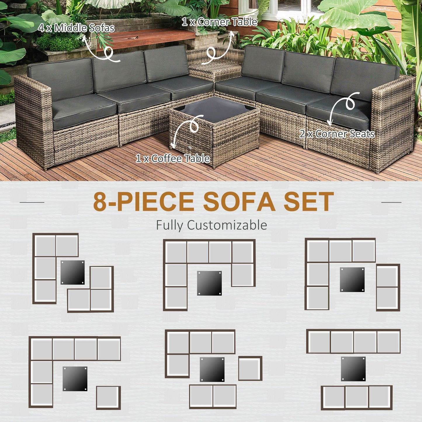 Outsunny 8 Pieces Outdoor PE Rattan Sofa Set with Cushions, Patio Garden Furniture Sets with Glass Top Coffee Table, Storage Corner Table, Mixed Brown