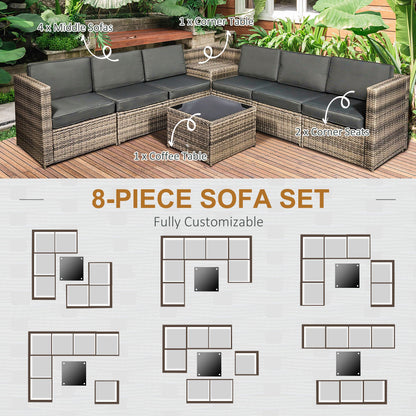 Outsunny 8 Pieces Outdoor PE Rattan Sofa Set with Cushions, Patio Garden Furniture Sets with Glass Top Coffee Table, Storage Corner Table, Mixed Brown