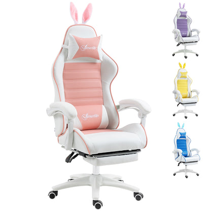 Vinsetto Racing Gaming Chair, Reclining PU Leather Computer Chair with Removable Rabbit Ears, Footrest, Headrest and Lumber Support, Pink