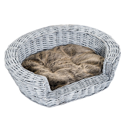 PawHut Pet Basket Sofa Bed, 57Lx46Wx17.5H cm, Willow Rattan-Grey