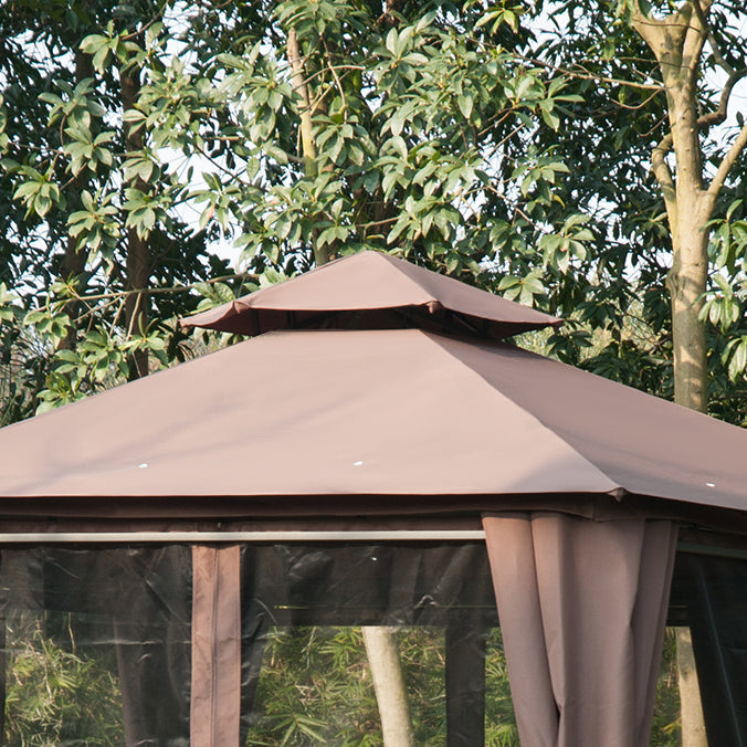 Outsunny Hexagon Gazebo Patio Canopy Party Tent Outdoor Garden Shelter w/ 2 Tier Roof & Side Panel - Brown