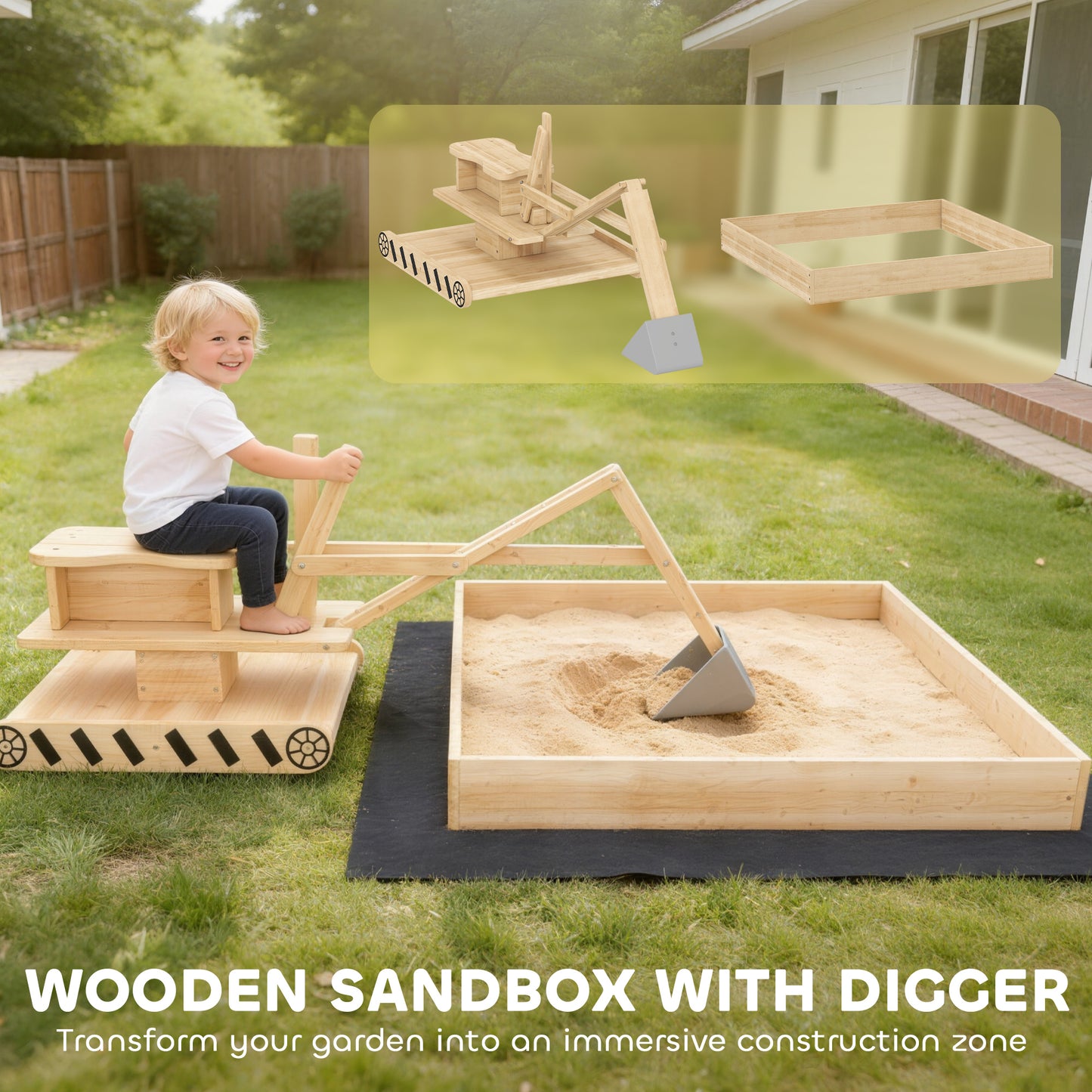 AIYAPLAY Wooden Sand Pit with Digger, Kids Sandbox Outdoor, SandPit with 360Â° Swivel Seat and Bottom Liner
