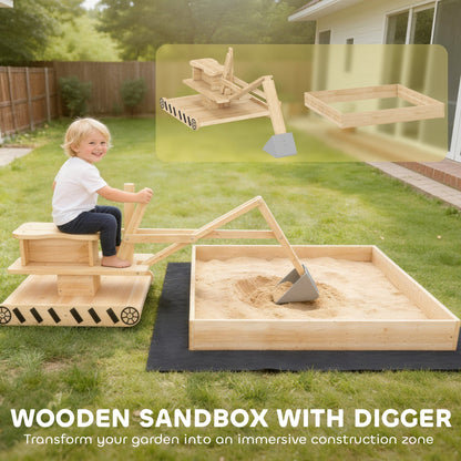 AIYAPLAY Wooden Sand Pit with Digger, Kids Sandbox Outdoor, SandPit with 360 degrees Swivel Seat and Bottom Liner