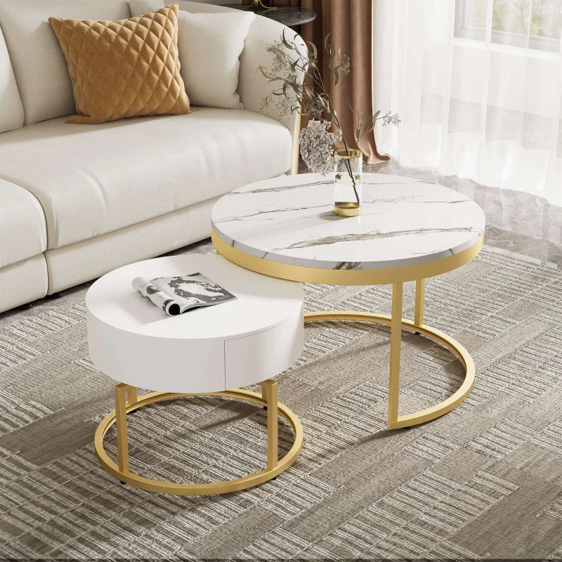 Rotating Round Marble Coffee Table Set, High Gloss Pattern with Golden Metal Frame, Set of 2, 70x70x45 cm + 50x50x38.5 cm, White