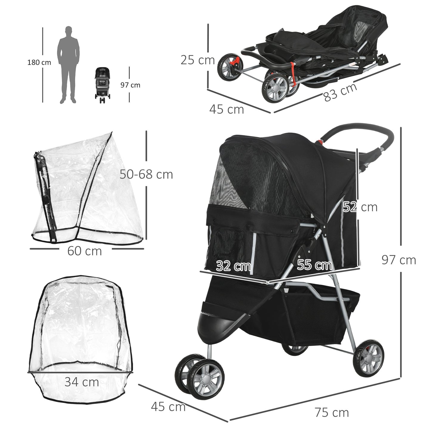 عربة أطفال PawHut Pet Travel Stroller مع غطاء للمطر، وعربة أطفال قابلة للطي بثلاث عجلات للقطط والكلاب مع سلة تخزين وحامل أكواب للكلاب الصغيرة (أسود)