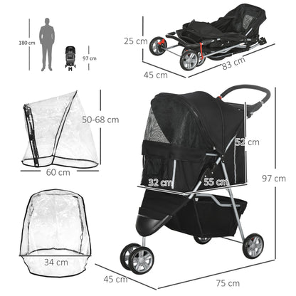 عربة أطفال PawHut Pet Travel Stroller مع غطاء للمطر، وعربة أطفال قابلة للطي بثلاث عجلات للقطط والكلاب مع سلة تخزين وحامل أكواب للكلاب الصغيرة (أسود)