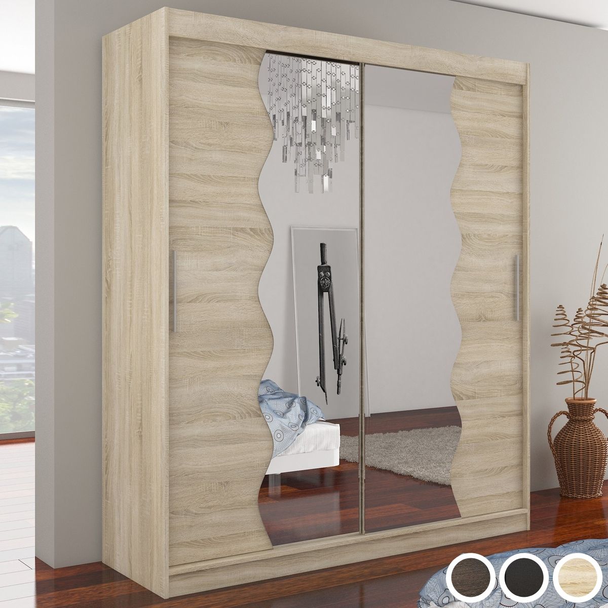 Kamil Mirrored 2-Door Sliding Wardrobe 180cm - Black, Brown or Sonoma Oak