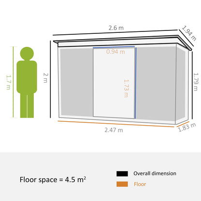 Outsunny Pent Roofed Metal Garden Shed House Hut Gardening Tool Storage w/ Ventilation 260L x 194W x 200H cm