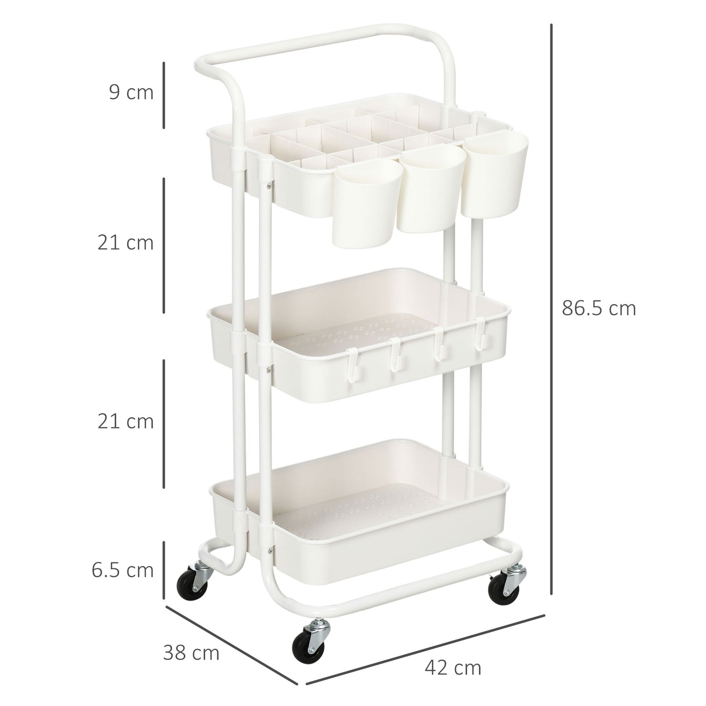 Wózek domowy HOMCOM Three-Tier Home Trolley z uchwytem i kółkami - biały