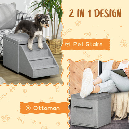 PawHut 2 in 1 Dog Steps Ottoman, Four-Tier Pet Stairs, for Small, Medium Dogs and Cats, with Storage Compartment - Grey